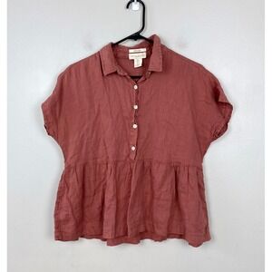 Cynthia Rowley Linen Peplum Collared Short Sleeve Popover Blouse Top‎ Size Small